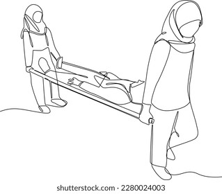 Continuous one-line drawing of a student was taken on stretchers to the infirmary. Healthcare in school and office concept single line drawing design graphic vector illustration