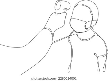 Continuous one-line drawing teacher checks the body temperature student. Healthcare in school and office concept single line drawing design graphic vector illustration