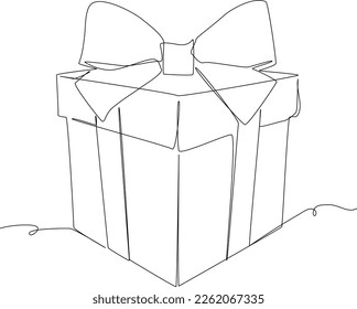 Continuous one-line drawing template gifts box with party concept. Bday presents cardboard box or banner template with happy birthday typography. Single line drawing design vector graphic illustration