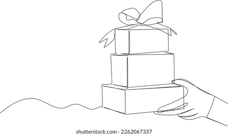 Continuous one-line drawing template gifts box with party concept. Bday presents cardboard box or banner template with happy birthday typography. Single line drawing design vector graphic illustration