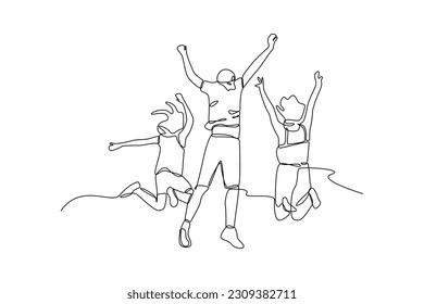 Continuous one-line drawing three best friends jump. Friendship Day concept. Single line drawing design graphic vector illustration