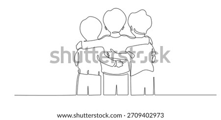 Continuous one-line drawing of three children standing side by side with their arms around each other, symbolizing friendship, unity, support, and togetherness.