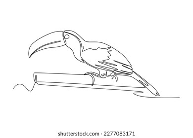 Continuous one-line drawing toucan bird perched on a tree branch. Animals concept single line draw design graphic vector illustration