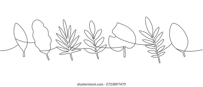 Continuous one-line drawing of tropical leaves. Minimalist botanical foliage art for modern, summer, and eco-themed designs