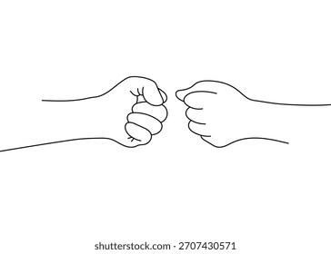 Dibujo continuo de una línea de dos brazos y manos realizando un golpe de puño. Diseño minimalista que simboliza el trabajo en equipo, la colaboración, la unidad, el Acuerdo, la amistad y la colaboración. 