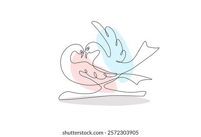 Continuous one-line drawing of two birds, symbolizing love and connection. The abstract use of pastel red and blue enhances the visual harmony, Vector  illustration, Editable stroke