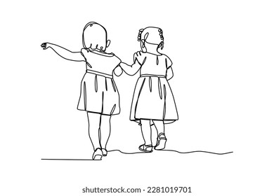 Continuous one-line drawing two girls playing together. Children day concept. Single line drawing design graphic vector illustration