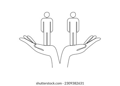 Continuous one-line drawing two hands and a human on it. World population day concept. Single line drawing design graphic vector illustration