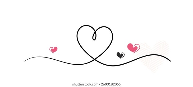 continuous one-line drawing of two hearts, representing love, connection, and romance. A minimalist Valentine’s Day concept perfect for modern contour art, couple illustrations, and elegant vector.