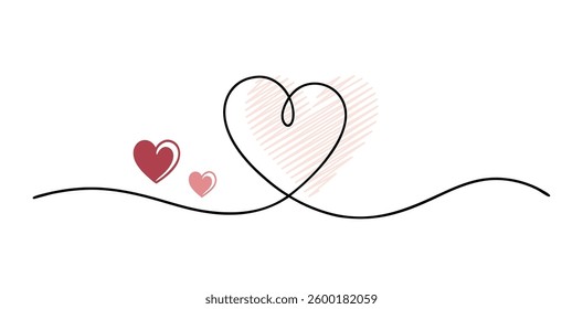continuous one-line drawing of two hearts, representing love, connection, and romance. A minimalist Valentine’s Day concept perfect for modern contour art, couple illustrations, and elegant vector.