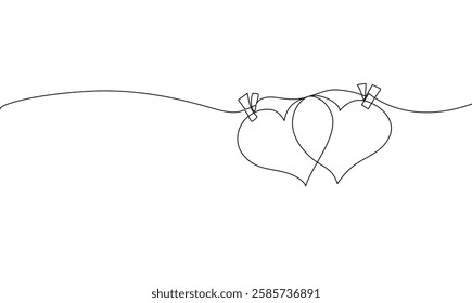 Continuous one-line drawing of two intertwined hearts hanging on a string with clothespins.  love, romance, wedding, Valentine's Day, and relationship concepts. Vector illustration. Editable stroke
