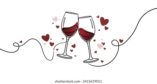 Vino de dibujo continuo de una línea y corazones rojos en vasos aislados en fondo blanco. Feliz dibujo de línea de tiempo del Día de San Valentín. 
14 de febrero Ilustración vectorial