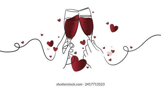 Vino de dibujo continuo de una línea y corazones rojos en vasos aislados en fondo blanco. Feliz dibujo de línea de tiempo del Día de San Valentín. 14 de febrero. Ilustración del vector