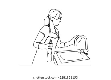 Continuous one-line drawing a woman cleaning the sink. Kitchen activity concept. Single line drawing design graphic vector illustration