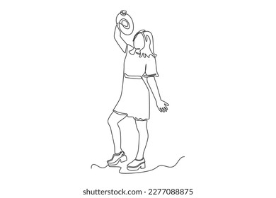 Continuous one-line drawing of a woman holding up a 70s vinyl record. 70s style concept single line draws design graphic vector illustration