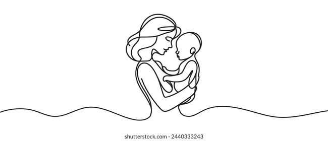 Continuous one-line drawing. A woman is holding her child, a mother is holding a small child. Vector illustration