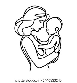 Continuous one-line drawing. A woman is holding her child, a mother is holding a small child. Vector illustration