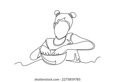 Continuous one-line drawing of a woman kneading the dough with her hands. Kitchen activity concept Single line draw design graphic vector illustration