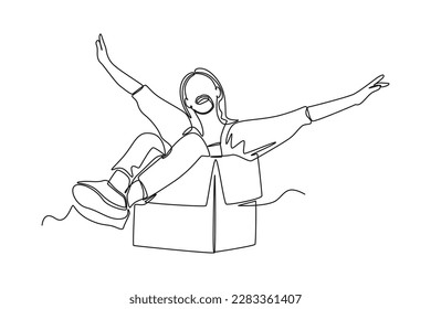 Continuous one-line drawing a woman laughing in a cardboard box. World laughing day concept single line draws design graphic vector illustration