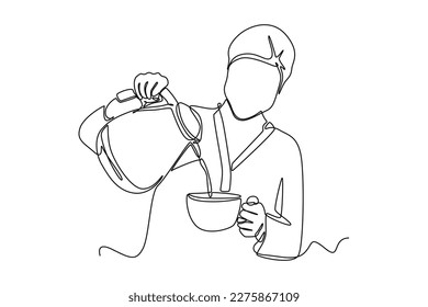 Continuous one-line drawing of a woman pouring coffee for her husband. Kitchen activity concept single line draw design graphic vector illustration