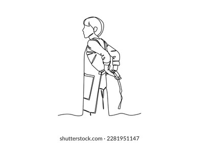 Continuous one-line drawing a woman putting up an apron in the kitchen. Kitchen activity concept. Single line drawing design graphic vector illustration