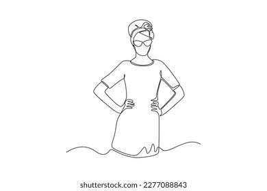 Continuous one-line drawing of a woman wearing 70s-style clothes while posing. 70s style concept single line draws design graphic vector illustration