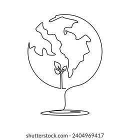 Continuous one-line earth globe vector art drawing and outline Earth Day single-line illustration

