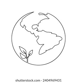 Continuous one-line earth globe vector art drawing and outline Earth Day single-line illustration
