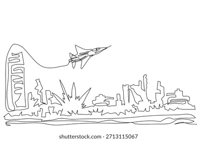 Desenhado à mão de uma linha contínua de um jato de combate que sobe acima de uma paisagem urbana abstrata com uma explosão estilizada abaixo, transmitindo tensão, urgência e dramático conflito urbano, Vetor AVC editável