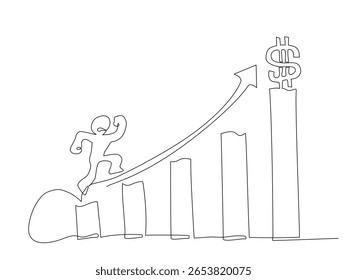 Continuous one-line hand-drawn of a man climbing upward along a bar chart with a dollar sign, representing financial growth, business success, and career progress. Vector illustration, Editable stroke