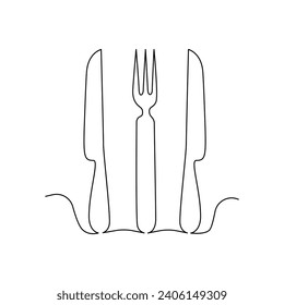 Continuous one-line hand-drawn spoon, fork, steak knife, and utensil plate vector art outline decorative illustration.