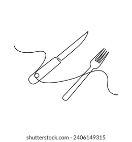 Continuous one-line hand-drawn spoon, fork, steak knife, and utensil plate vector art outline decorative illustration.