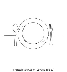 Continuous one-line hand-drawn spoon, fork, steak knife, and utensil plate vector art outline decorative illustration.