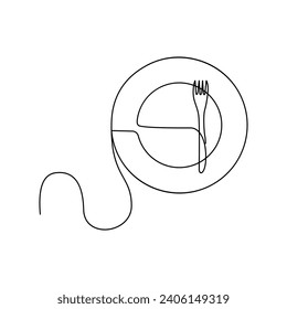 Continuous one-line hand-drawn spoon, fork, steak knife, and utensil plate vector art outline decorative illustration.