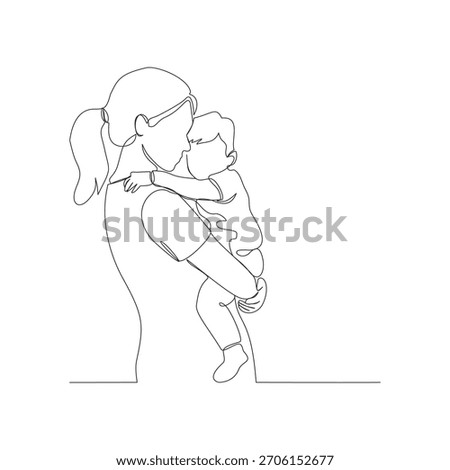 A continuous one-line illustration of a loving mother figure holding her baby in a tender embrace. This minimalist vector art captures the maternal bond and affection