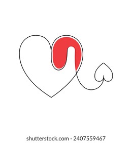 Continuous one-line love shape drawing and heart-shape single-line outline vector art illustration