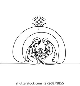 Continuous one-line nativity illustration featuring the Holy Family and the manger under a star. Minimal religious line art suitable for Christmas cards, church prints and faith-based designs.