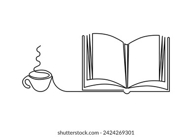 Continuous one-line open book with flying pages art and world book day educational knowledge concept Doodle vector illustration