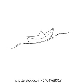 Dibujo continuo de vectores de embarcación de una línea de papel sobre el agua, ilustración de una sola línea de estilo de contorno