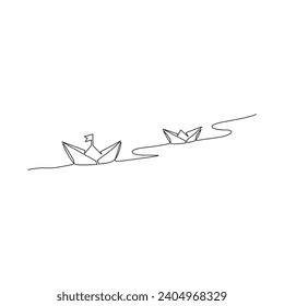 Continuous one-line paper boat vector drawing on water, outline-style single-line illustration art