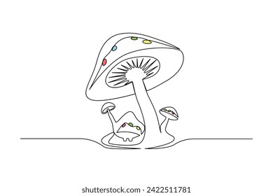 Continuous one-line sepia magic mushroom and outline vector art illustration