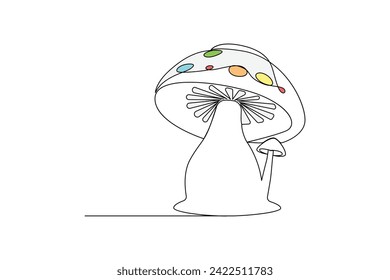 Continuous one-line sepia magic mushroom and outline vector art illustration