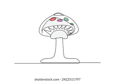 Continuous one-line sepia magic mushroom and outline vector art illustration