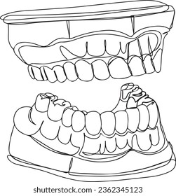 Continuous One-Line Sketch Drawing: Tooth Dentures Cartoon Clipart for Dental Doctor Banner, Upper and Lower Jaw of a Human with Teeth - Insert Jaw Illustration