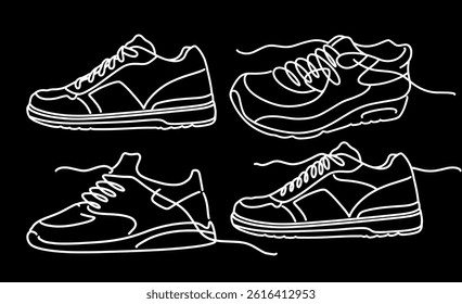 Continuous One-Line Sneaker Drawing Vector Set on a Black Background, Minimalist Monoline Illustration Pack