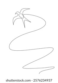 Continuous one-line vector illustration of a flying swallow, simply hand-drawn line art on a white background with copy space, Editable stroke	