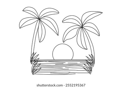 desenho on-line contínuo do pôr do sol vetor de arte de linha única em um fundo branco