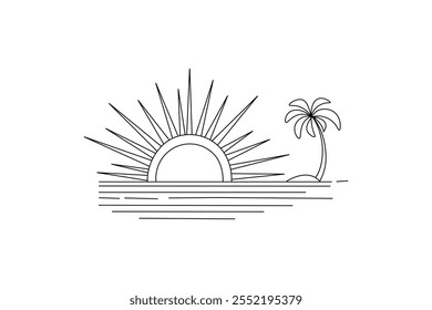 kontinuierliche Online-Sonnenuntergang Zeichnung einzeilige Kunstvektor auf weißem Hintergrund