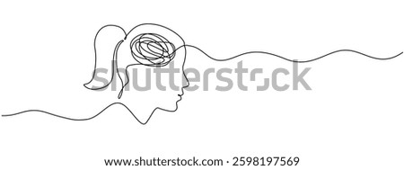 The continuous only linear feature of a woman with confusing thoughts. The concept of problems of mental health, stress, mountain, headaches in a simple linear style. Vector editable illustration