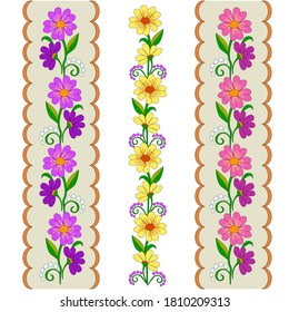 Continuous ornament of pink,purple,violet,lilac,yellow geraniums and green leaves,for embroidery of festive folk costume,for a belt or ribbon,hand-drawn,for decoration of wedding invitations and cards